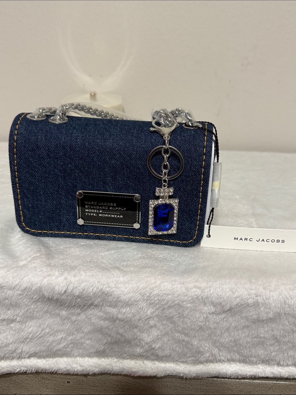 Marc Jacobs Denim Mini Bag in Dark Blue with Silver Chain and Blue Charm - Picture 1 of 4